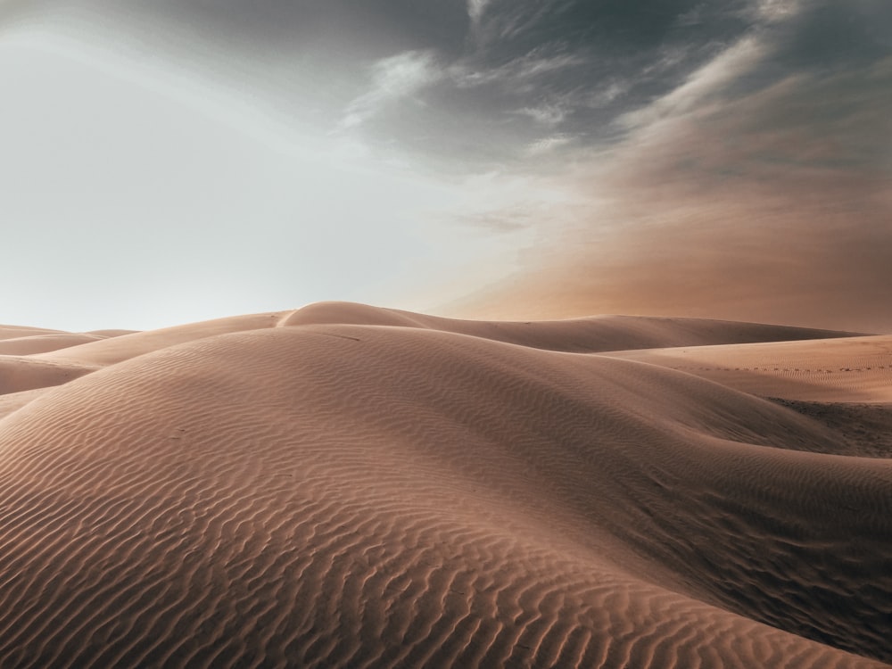 灰色の曇り空の下の砂漠の砂丘