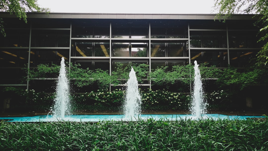 fountain and glass building,