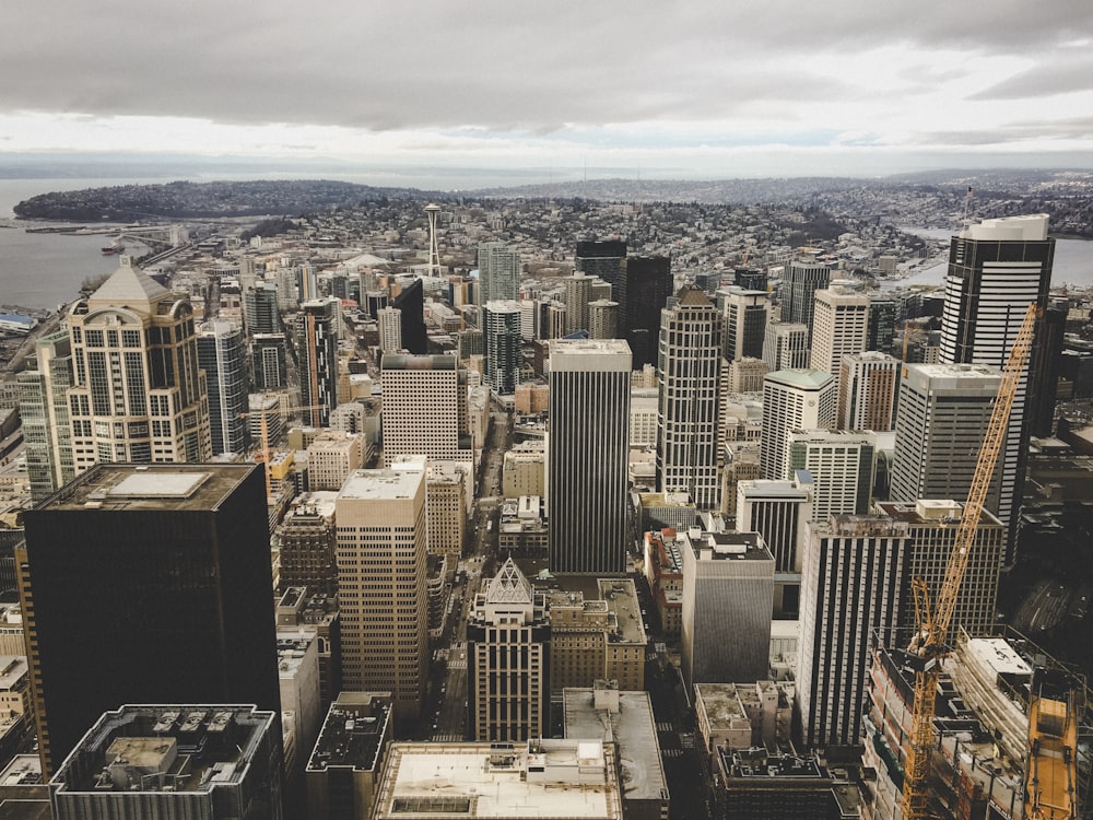 aerial view of highrise building under dramatic clouds