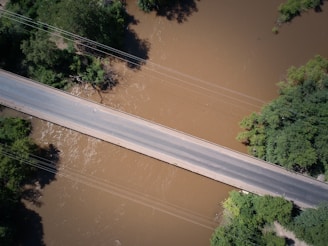 Aerial view of a straight, narrow road bridge crossing over a wide, muddy river. Lush green vegetation borders both sides of the river, creating a natural frame. Power lines run parallel to the bridge, adding an element of human infrastructure.