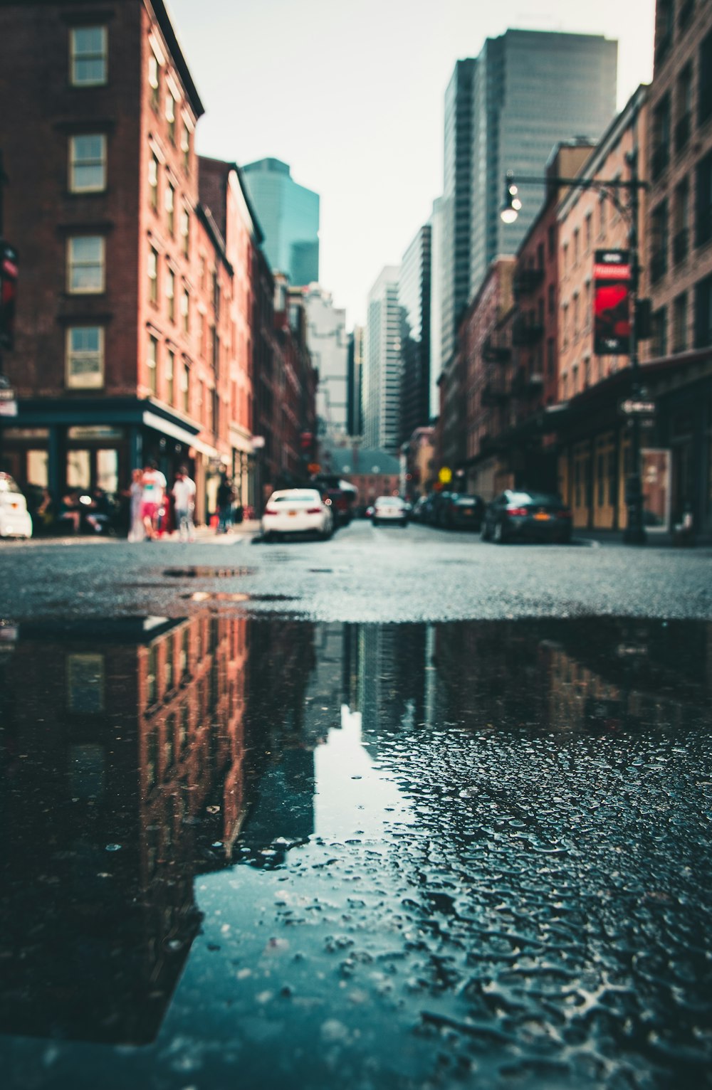 Voitures garées sur la rue humide de la ville