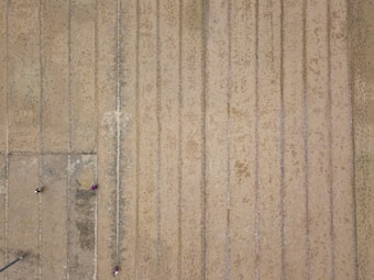 Aerial view of expansive agricultural fields with parallel lines indicating rows of planting or harvesting. Three small figures, possibly workers, are dispersed across the field wearing distinctive clothing that contrasts with the earthy tones of the ground. The fields have a patchy appearance, possibly indicating different stages of crop growth or soil moisture.