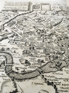 An old map displaying geographical features and historical landmarks.
