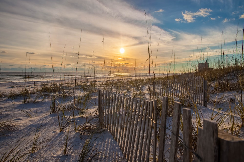 gray wooden fence at shore during golden hour