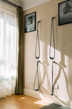 A corner of a room with four ropes attached to the wall, possibly for fitness or yoga purposes. Two framed posters hang on the wall above the ropes. Soft, natural light enters through a window with sheer curtains, casting shadows on the wooden floor.