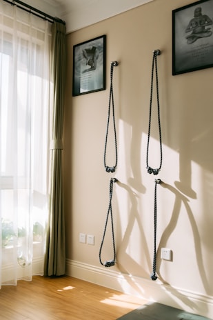 A corner of a room with four ropes attached to the wall, possibly for fitness or yoga purposes. Two framed posters hang on the wall above the ropes. Soft, natural light enters through a window with sheer curtains, casting shadows on the wooden floor.