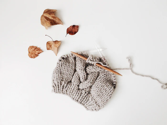 Grey chunky knit beanie with knitting needles and dried leaves