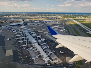 An aerial view of a busy cargo airport.