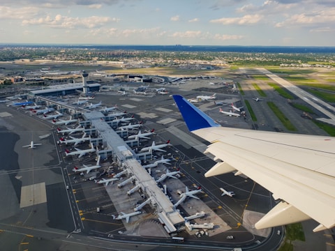 An aerial view of a busy cargo airport.