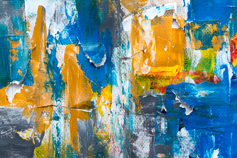 white, blue, and yellow abstract painting