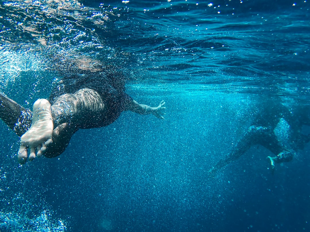 two person swimming in sea