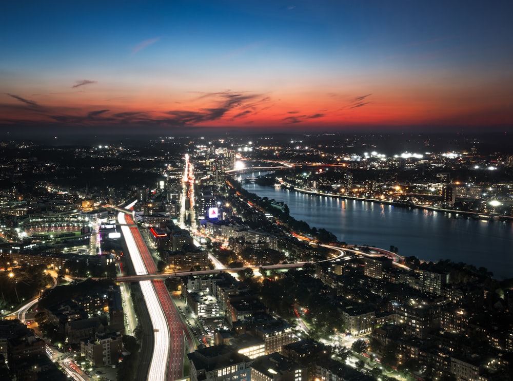 aerial view of lighted buildings