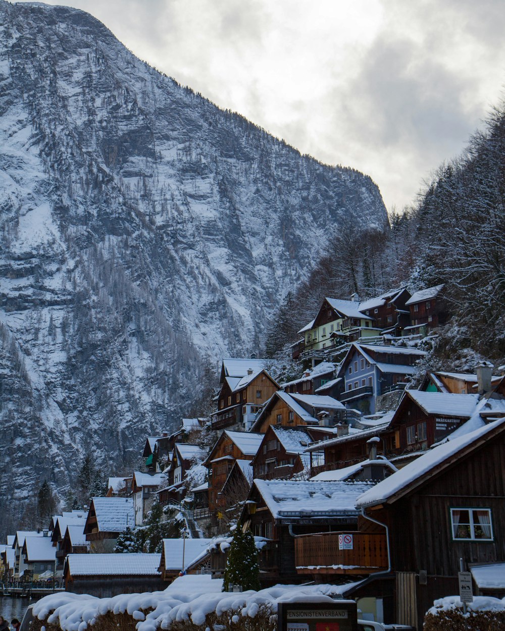 Montaña cubierta de nieve cerca de las casas durante el día