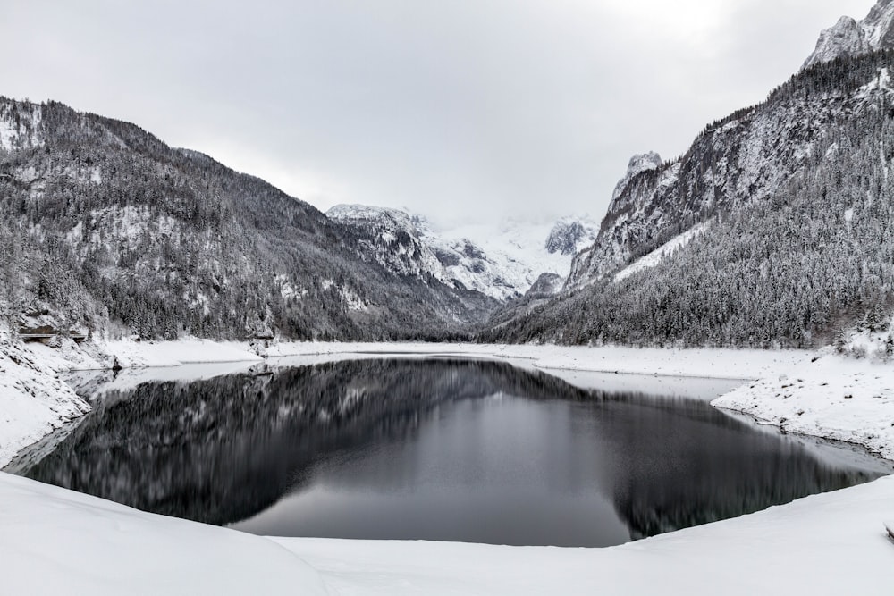 body of water surrounded by snow