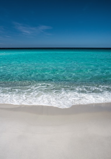 A serene beach scene with turquoise water and white sand, reflecting the brand colors.