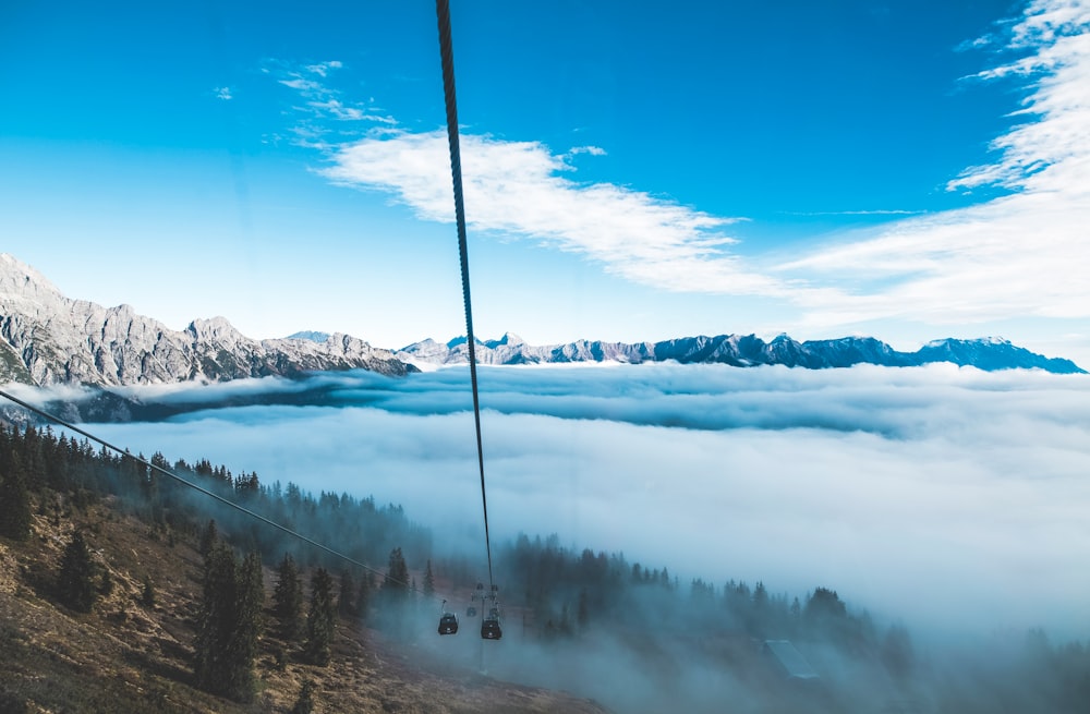aerial photography of trees and mountains surrounded by fog