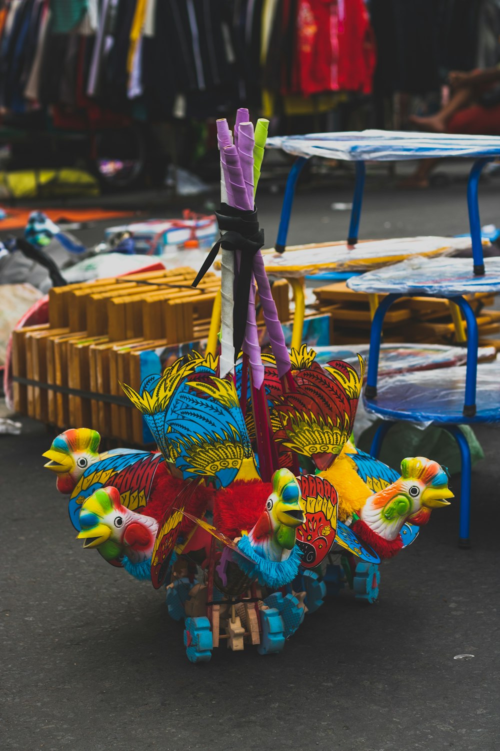 several trolley rooster toys