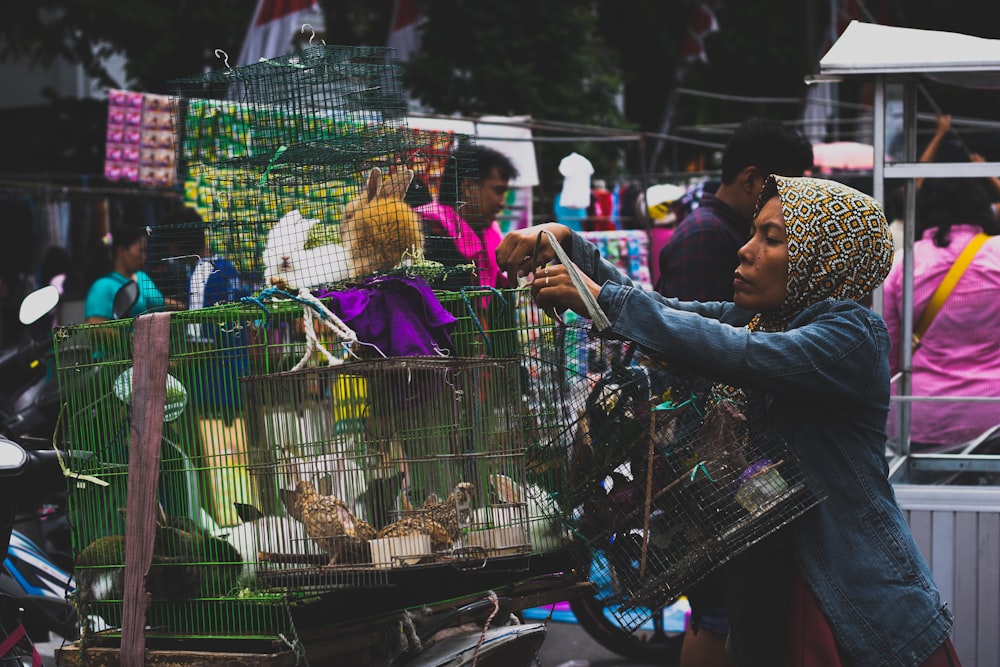 woman tending to caged rabbits and birds