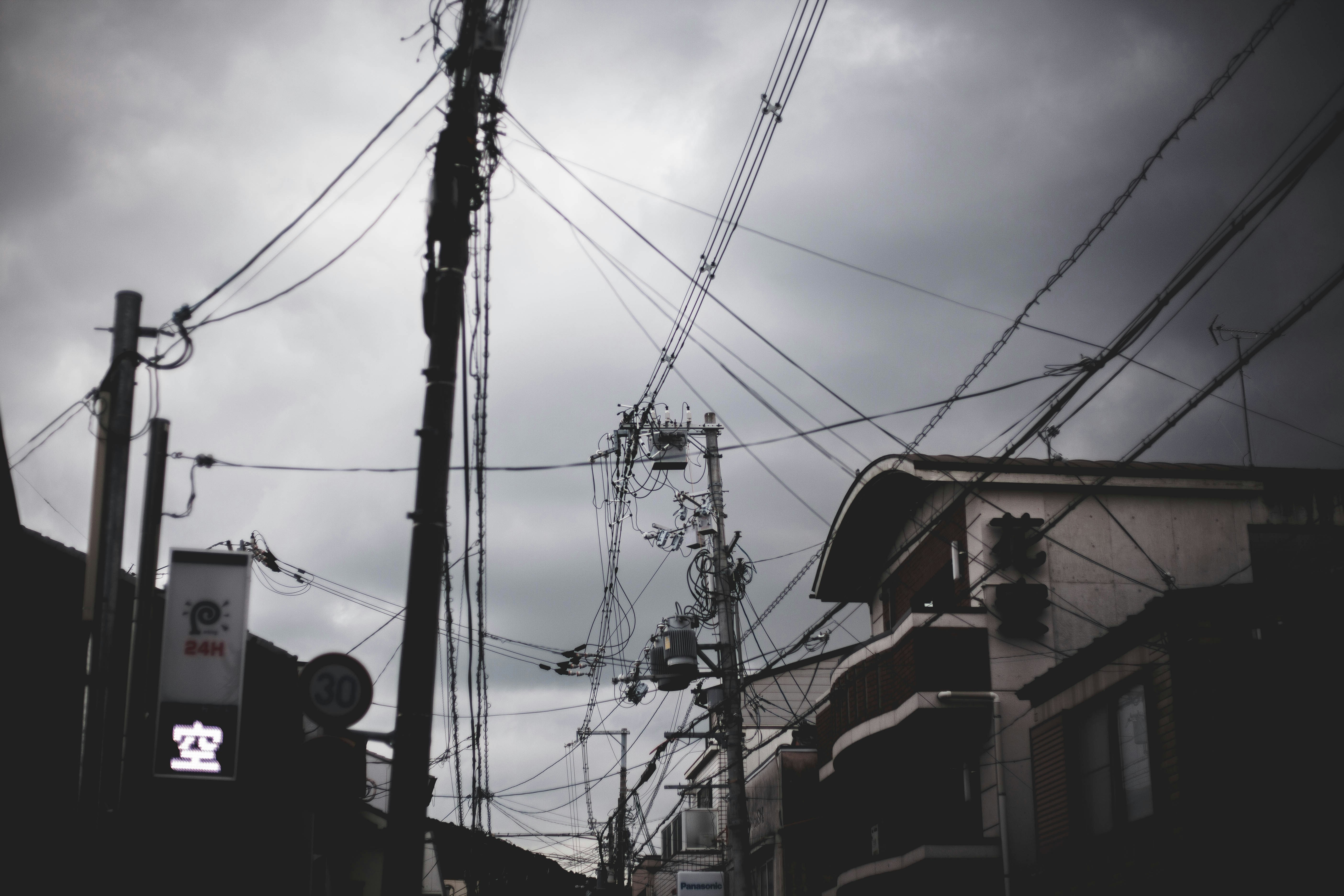 black and white photo of power lines