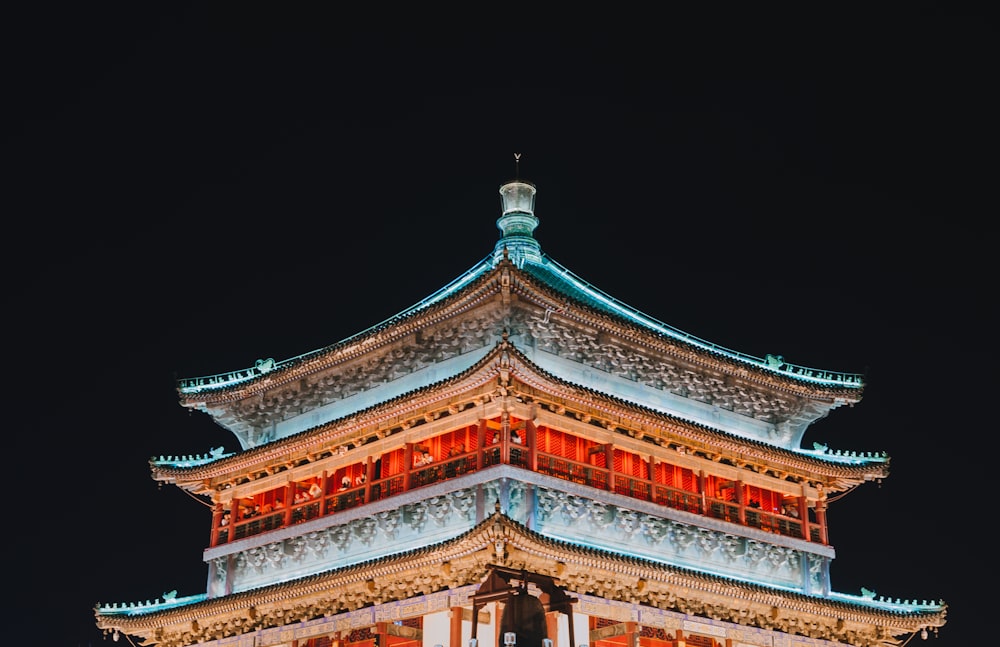 lighted pagoda at night