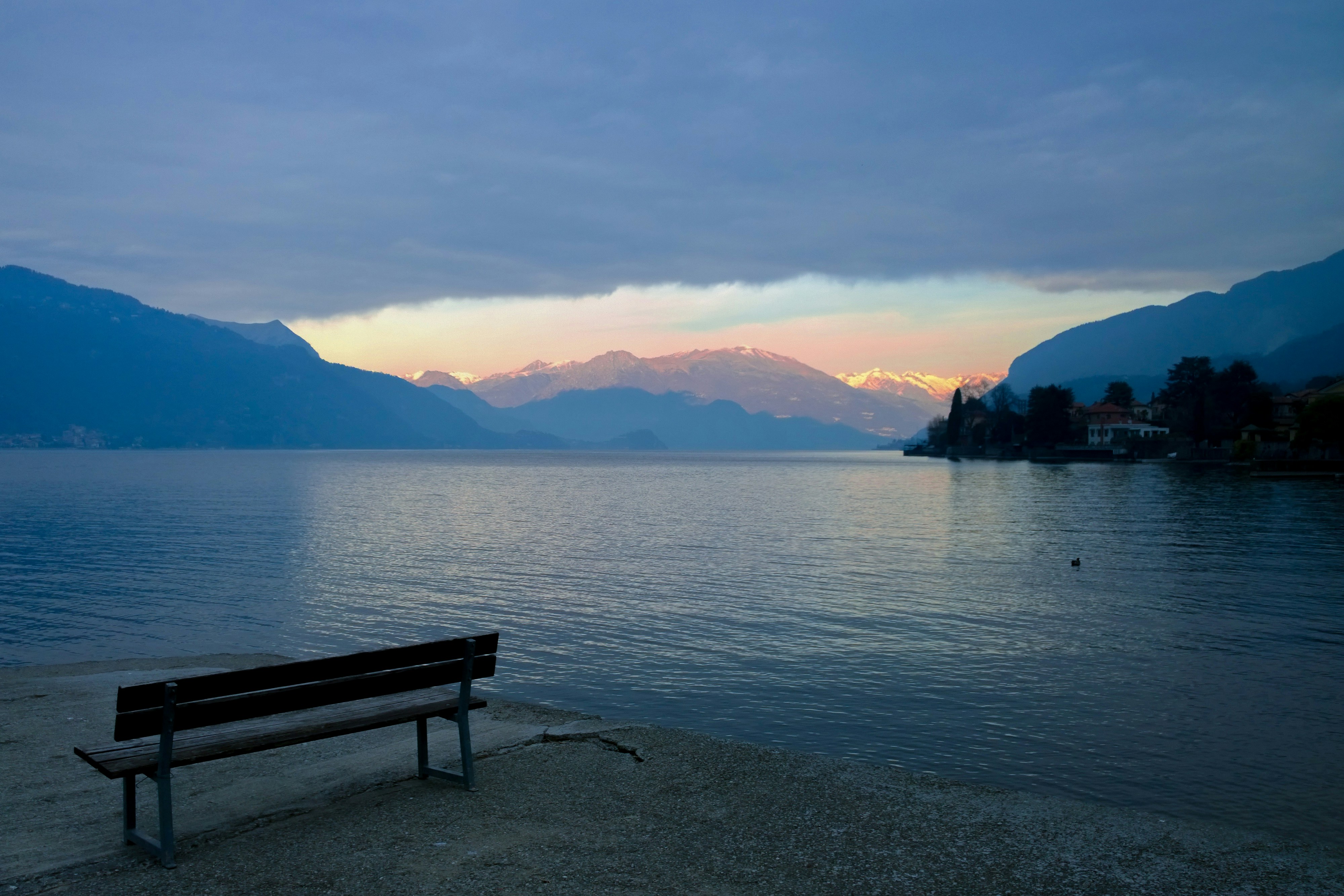 black and brown steel bench across body of water, Winter on the lake