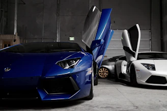 two white and blue Lamborghini vehicles inside garage