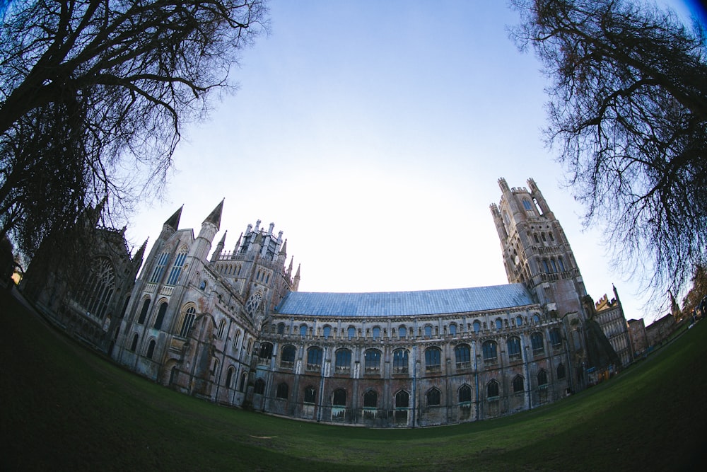 brown building under blue sky in fisheye-lens photography