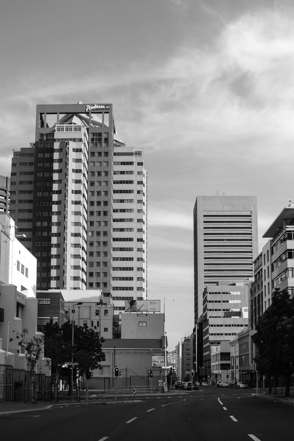 Foto en escala de grises de edificios