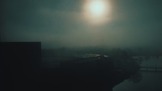 A mysterious dark fantasy landscape with shadowy figures and ancient ruins under a moonlit sky.