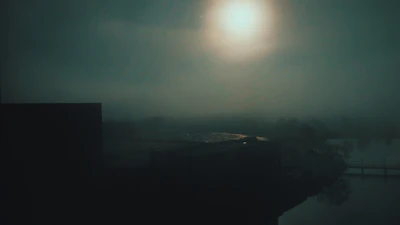 A dimly glowing moon casting silver light over a dark, misty landscape.
