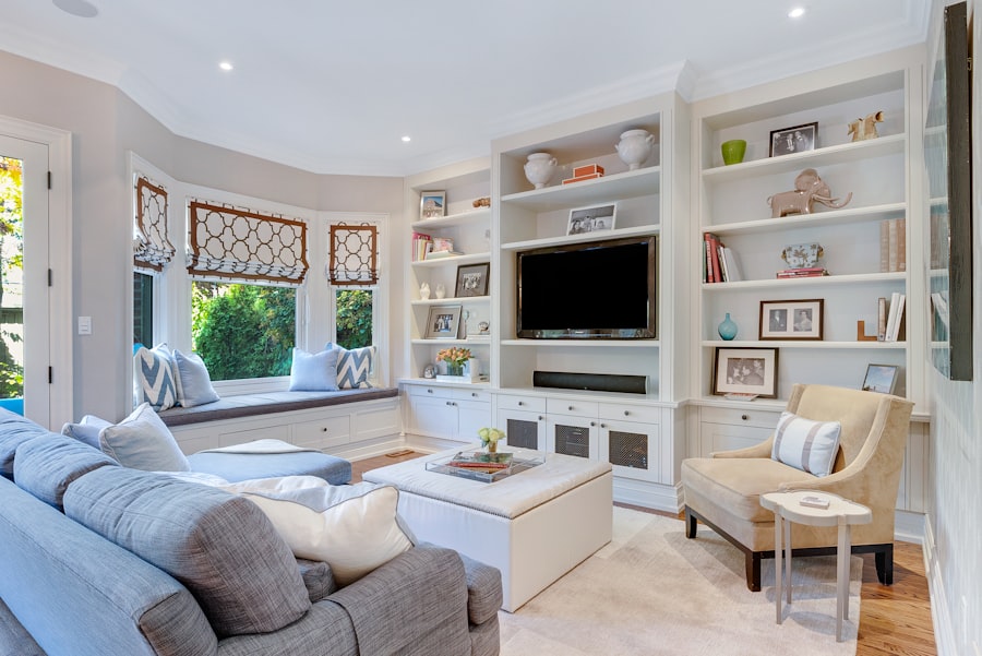 Freshly styled living space with linen curtains