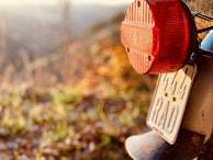 A close-up of the back of a vehicle featuring a red taillight and a license plate with the number 444 RAD. The background is blurred, showing hints of outdoor scenery with green and brown tones.