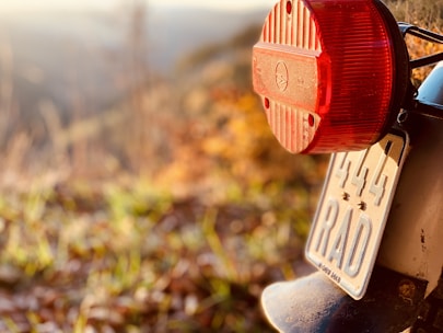 A close-up of the back of a vehicle featuring a red taillight and a license plate with the number 444 RAD. The background is blurred, showing hints of outdoor scenery with green and brown tones.