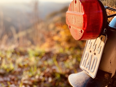 A close-up of the back of a vehicle featuring a red taillight and a license plate with the number 444 RAD. The background is blurred, showing hints of outdoor scenery with green and brown tones.