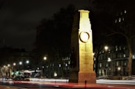 A war memorial illuminated at night is surrounded by light trails from passing vehicles, creating a dynamic scene. The memorial is a tall, rectangular stone structure with engraved text and a wreath. Street lamps cast a warm glow on the scene, and trees with barren branches can be seen in the background.
