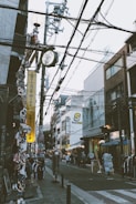 A bustling urban street scene featuring multiple storefronts, utility poles with intricate wiring, and numerous signs with Japanese characters. People are casually walking along the sidewalk, and there are racks filled with clothing and accessories outdoors. The architecture is a mix of modern and older styles.