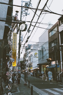 A bustling urban street scene featuring multiple storefronts, utility poles with intricate wiring, and numerous signs with Japanese characters. People are casually walking along the sidewalk, and there are racks filled with clothing and accessories outdoors. The architecture is a mix of modern and older styles.