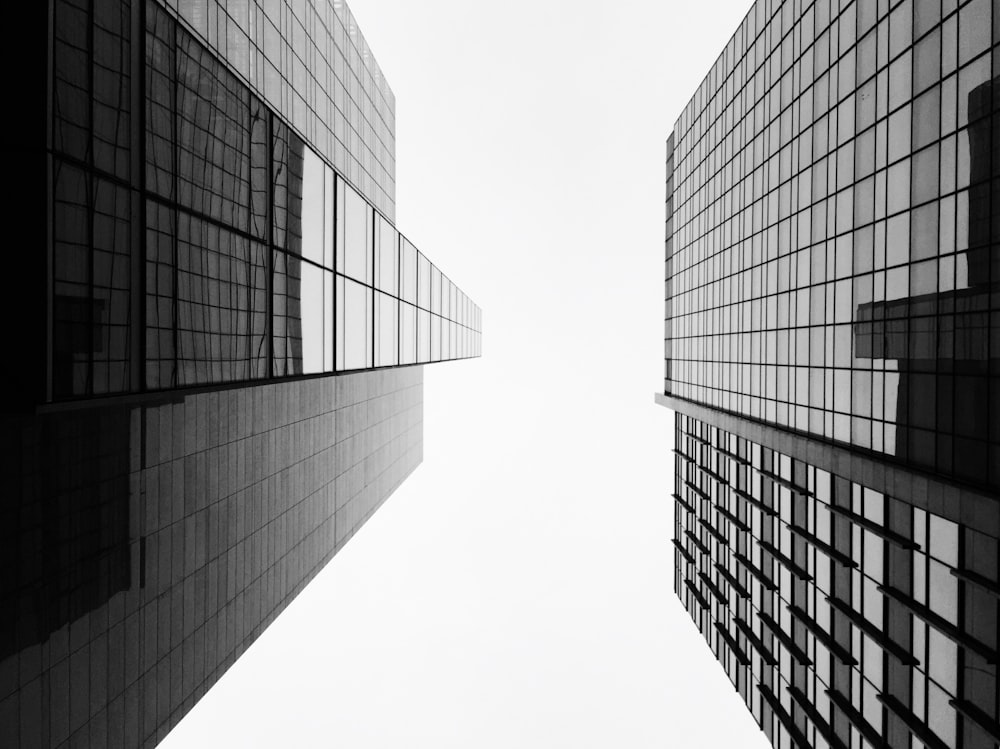 low angle photography of two glass curtain buildings
