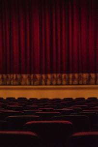 Rows of theater seats face a stage with closed heavy red curtains hanging down. The lighting is dim, creating a warm and intimate atmosphere.