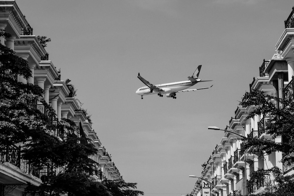 gray plane above buildings