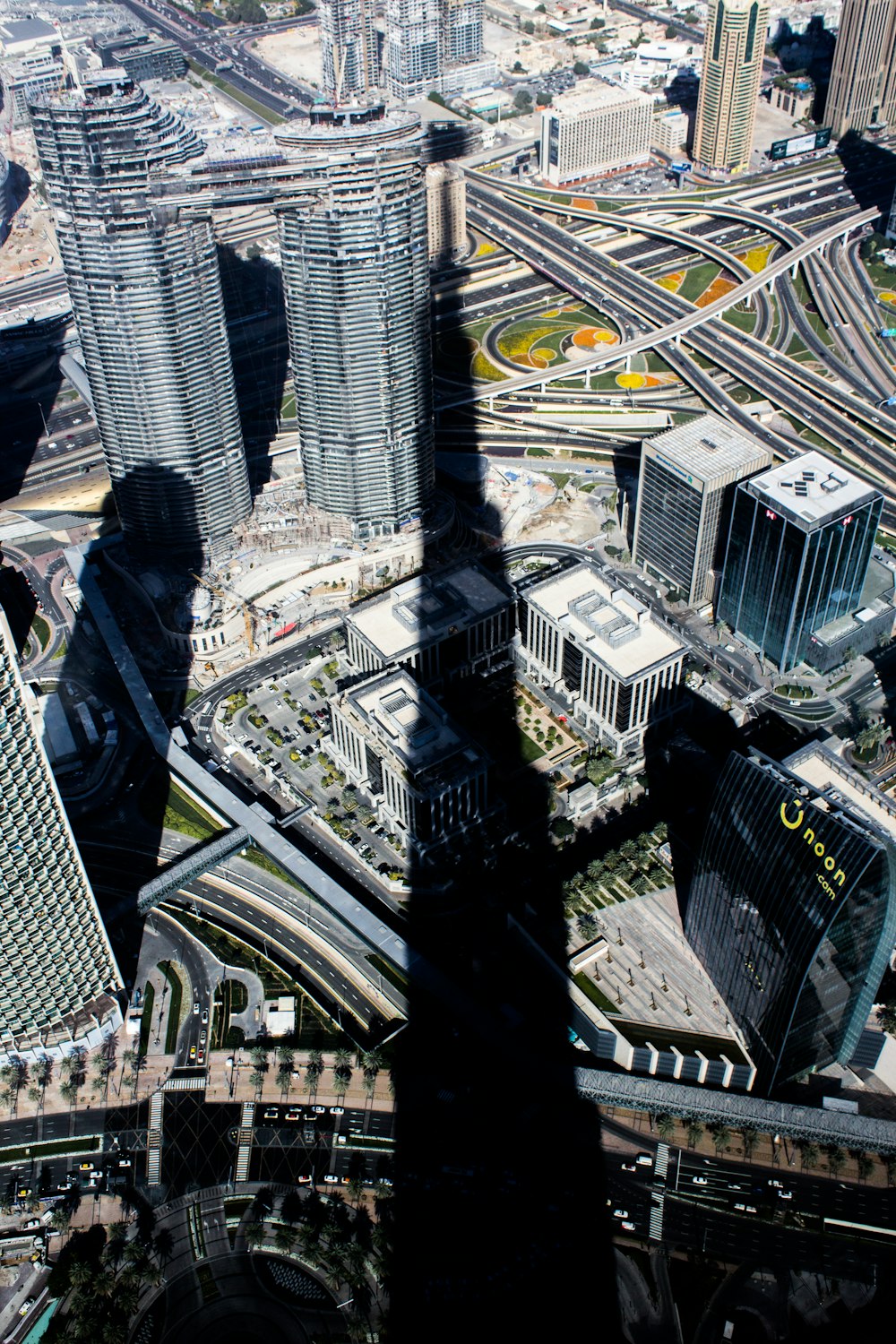 expressway in the middle of city with high rise buildings