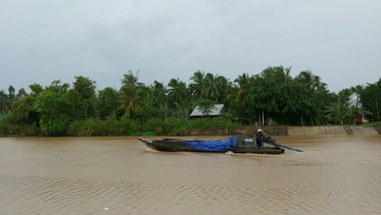 A long boat with a motor and covered cargo sails across a wide, brown river. Lush green trees, including palm trees, line the riverbank. The sky is overcast, providing a subdued but fresh atmosphere.