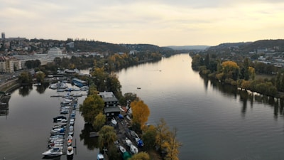 Boats docked at the marina with the Grand River stretching into the distance.