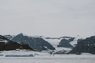 Frozen landscape with towering glaciers and a pale sun.