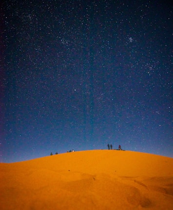 A vast desert landscape under a clear night sky dotted with numerous stars. Silhouettes of a few people can be seen standing or sitting on the crest of a sand dune.