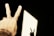 A hand displaying a peace sign with two fingers extended upward and the shadow of the hand on a dark background.