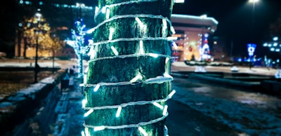 A tree is wrapped with glowing white string lights, set against a nighttime cityscape with various buildings and blurred colorful lights in the background. The area is lightly dusted with snow, hinting at a festive or winter setting.