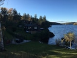 A serene lakeside landscape with a wooden cabin situated near the water's edge, surrounded by lush green trees. The calm water reflects the clear blue sky, while the backdrop includes a mix of dense forest and distant hills. A well-maintained grassy area leads towards the cabin, creating a peaceful and natural setting.