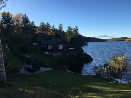 A serene lakeside landscape with a wooden cabin situated near the water's edge, surrounded by lush green trees. The calm water reflects the clear blue sky, while the backdrop includes a mix of dense forest and distant hills. A well-maintained grassy area leads towards the cabin, creating a peaceful and natural setting.