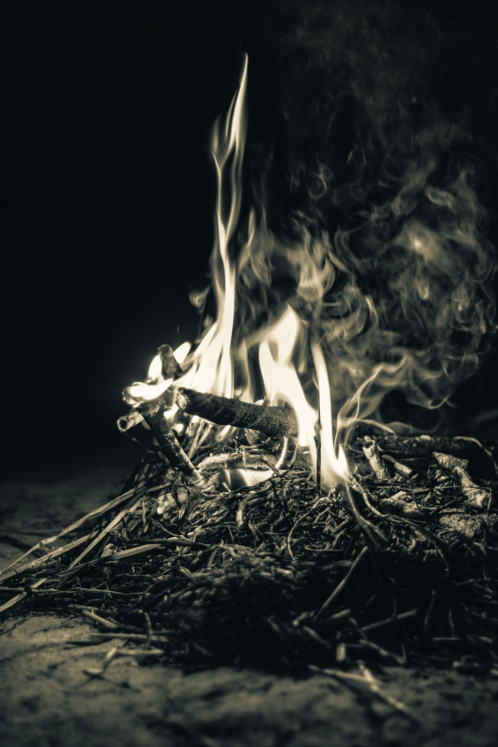 grayscale photo of bonfire